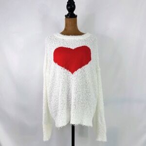Doe & Rae Heart Eyelash Knit Sweater Womens Medium White Red Good Fuzzy Pullover